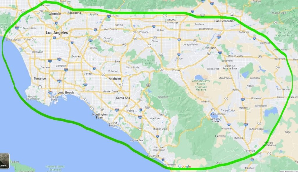 Map of Southern California with a circle showing the areas TENCO SOLAR services.