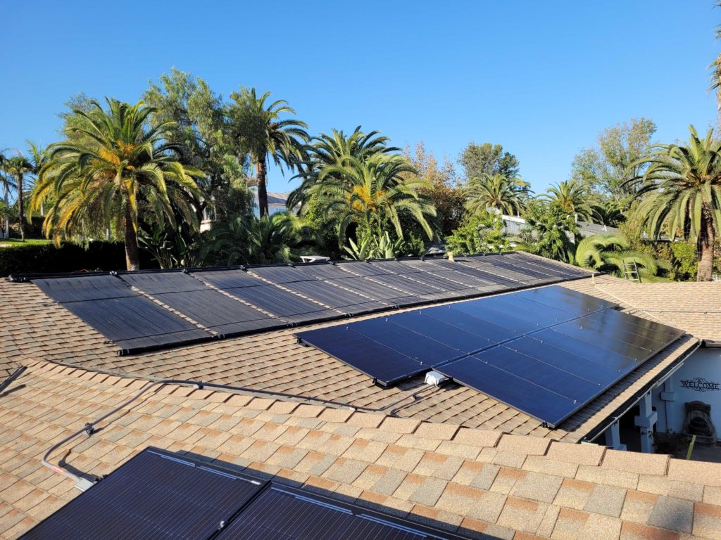 Several rows of solar panels on a roof in Yorba Linda.