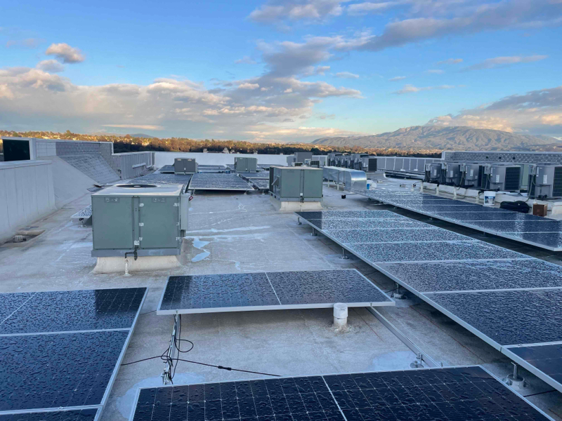 Commercial solar installation on a large, flat roof in Temecula, CA.